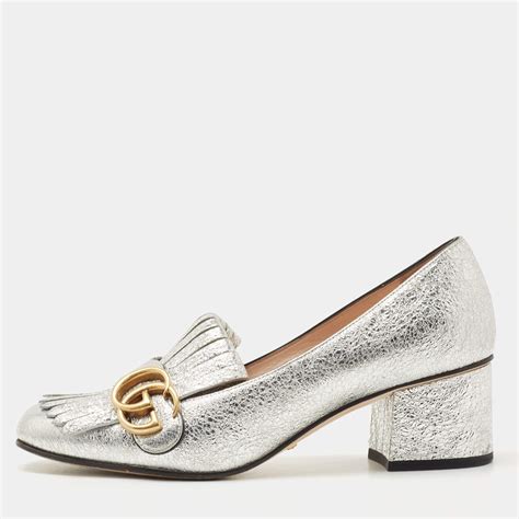 silver metallic leather gucci g heel